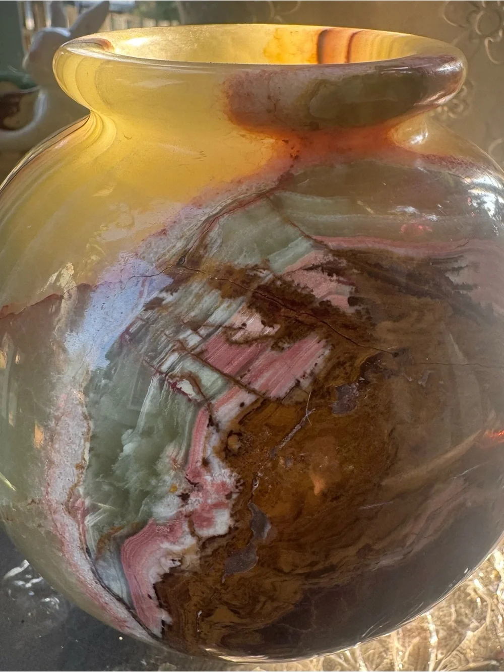 Vintage Polychrome Onyx Stone Vase in Pink, Brown & Green